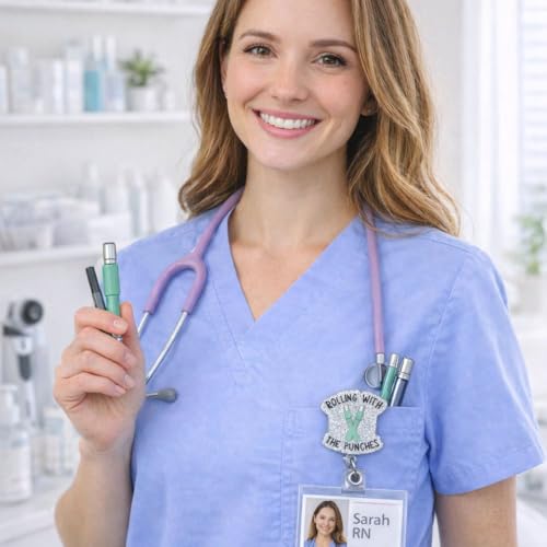 Rolling with The Punches Badge Reel Funny Humor Derm Dermatology Work ID Name Holder with Retractable Clip Appreciation Gift for Dermatologist Esthetician Dermatome Cardiology Physical Therapists - style: Rolling with the Punches