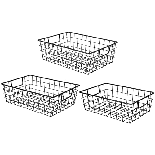 3 Pack Extra Large Wire Basket with Metal Handles, Metal Basket for organizers and storage, Wire Storage Baskets for Pantry, Cabinet, Fridge, Kitchen, Wardrobe, Garage, Bathroom, Black - size: 3PC Extra Large Basket Black