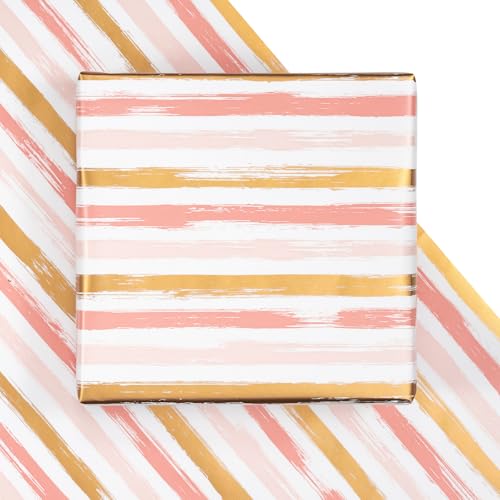 LeZakaa Pink Wrapping Paper Roll, Pink Striped Metallic Foil Gift Wrap for Baby Girl, Christmas, Birthday, Bridal Shower, Wedding Presents, with Gridlines, Mini Roll 17 in x 9.8 ft - color: Z-Gold Stripes, size: 17" X 9.8 ft