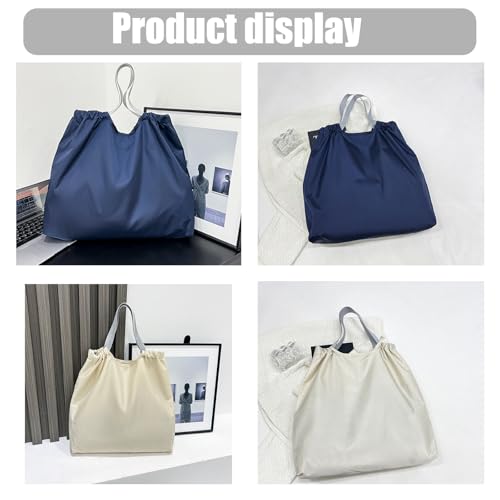 2 PC Foldable Reusable Shopping Bags - 210D Nylon Waterproof Grocery Tote Bag with Drawstring Mouth & Reinforced Handle - color: Dark Blue+ Beige