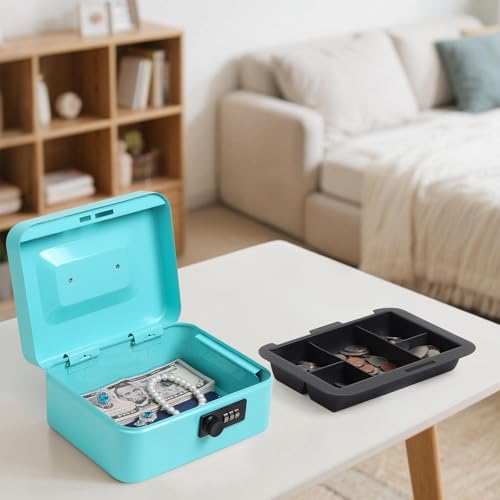 Jssmst Medium Cash Box with Combination Lock - Durable Metal Cash Box with Money Tray,light blue,7.87 x 6.3 x 3.35 inches - color: Light blue, size: Medium
