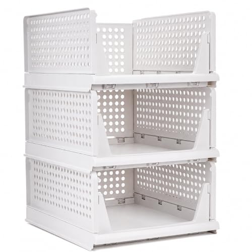 Stackable Closet Storage Baskets, Foldable Plastic Organizer Bins, Open-Front, White, 5 Pack