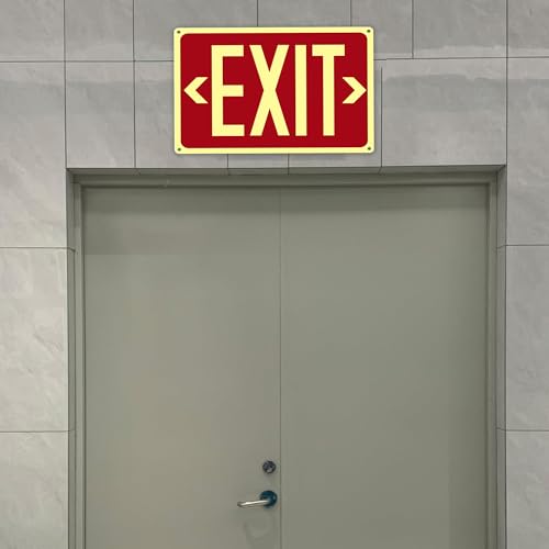 3Pack Photoluminescent Exit Sign Aluminum, 14x10 Inches Glow-in-Dark Exit Sign, with Adhesive Backing - Removable Arrows Included - Non Electrical Red Exit Light