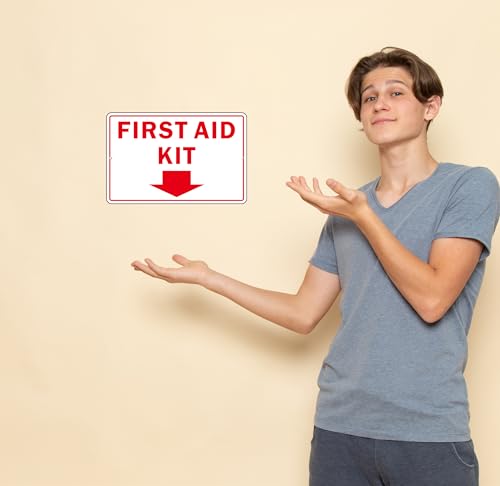 First Aid Sign, (2 Pack) Self Adhesive First Aid Kit Sign for Wall, Aluminum Metal Signs With 2 Pre-drilled Holes (9 x 6 inches, White/Red) - color: White /Red