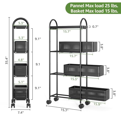 KINGRACK 4 Tier Slim Rolling Cart with Drawer, Metal Utility Storage Cart - color: Black, size: 4 Tier-3BKT
