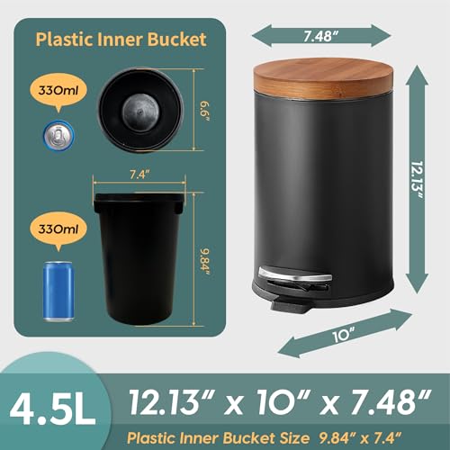 SunnyPoint Elite Bamboo Lid 4.5 Liter / 1.2 Gallon Round Trash Can with Plastic Inner Bucket; Bathroom, Office, Kitchen and Bedroom Step On and Slow Close (Black) - color: BLACK