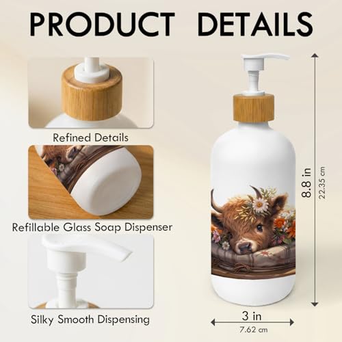 Floral Highland Cow Soap Dispenser, Rustic Farmhouse Farm Animal Glass Dish Soap Dispenser for Kitchen, Highland Cow Refillable Handsoap Pump Bottle for Bathroom Countertop Kitchen - color: Farmhouse 01