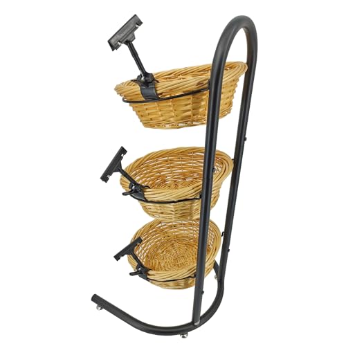 FixtureDisplays 3 Tier Wicker Basket Metal Stand with Sign Clips, Market Basket Storage Organizer 19425