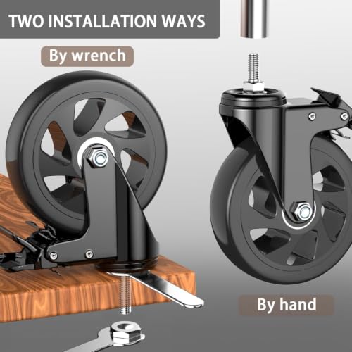 5 inch Caster Wheels, 3/8"-16 x 1 Threaded Stem Casters Set of 4(Stem Diameter 3/8", Stem Length 1"), No Noise Safety Dual Locking Polyurethane (PU) Wheels, Swivel Heavy Duty Casters 2400lbs - color: Black-3/8"-16x1", size: 5 Inch