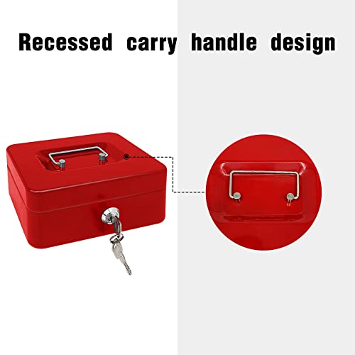 Steel Cash Box with Key Lock, Metal Small Money Organizer with Money Tray,Cash Storage Box with Lockable Cover (Red - 8 inch) - color: Red - 8 inch