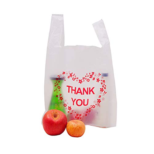LazyMe Thank You Plastic Bags with Handles, T Shirt Bags 12x20 Inch, 100 Ct - color: white