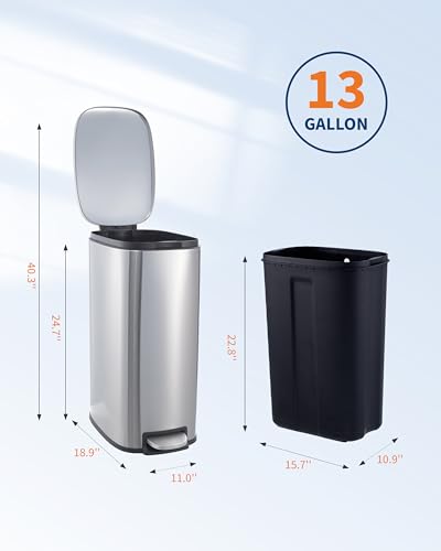 13 Gallon Stainless Steel Indoor Recycling Bin – Removable Inner Bucket, Soft-Close Step Pedal Lid, Fingerprint Resistant, Narrow Trash Can for Kitchen, Bathroom, Office - color: Silver
