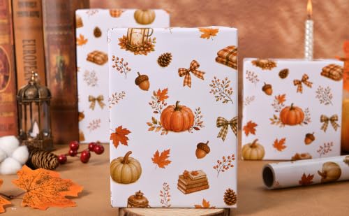 Sikiweiter Fall Pumpkin Wrapping Paper Roll, 17 Inches x 16.5 Feet, Autumn Pumpkin Plaid Bow Maple Leaf Cozy Gift Wrap for Thanksgiving and Fall Harvest(Autumn) - color: Autumn
