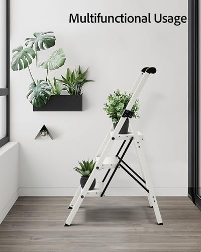 Taranta 3 Step Ladder,Lightweight Aluminum Step Stool Foldable -White - color: White, size: 3 Step