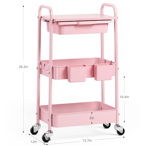 KINGRACK 3 Tier Metal Rolling Cart with Drawer, Pink Utility Storage Cart - color: Pink