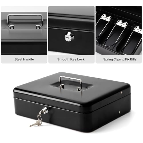 Cash Box with Key Lock & Foam Auto-Pop Coin Tray – Secure Steel Money Box with 4 Upgraded Finger-Safe Bill Clips, Premium Smooth Scratch-Resistant Coating, 11.8"L x 9.5"W x 3.5"H, KL Black - color: KL Black