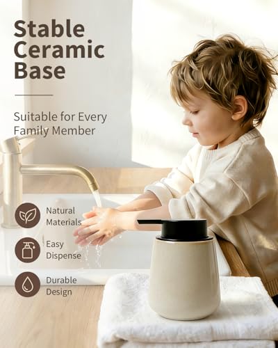 Bosilunlife 12Oz Ceramic Foam Soap Dispenser for Bathroom Kitchen Counter - color: Greige