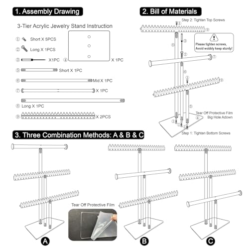 Jewelry Stand, Solid Acrylic Necklace Holder, 3-Tier Jewelry Organizer - size: 3-Tier