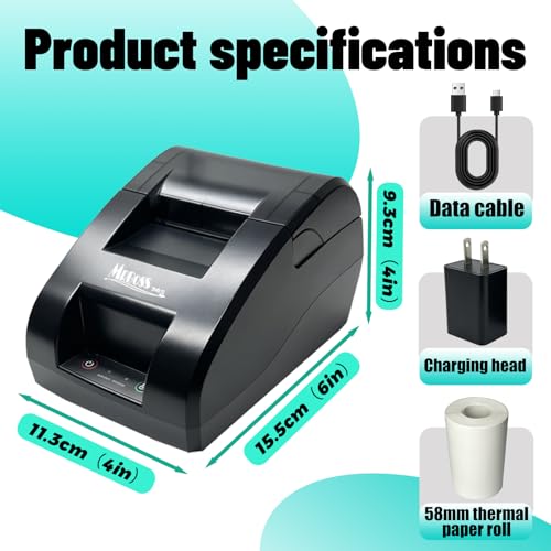 MRBOSS 2“ 58mm POS Cash Register Portable Thermal Receipt Printer with High Speed Printing USB+Bluetooth Interface for Supermarket Restaurant Retail Sales Kitchen Support Windows Android MAC