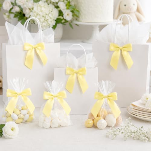 30 Pcs Satin Twist Tie Bows for Gift Wrapping and Treat Bags, Light Yellow - color: Yellow