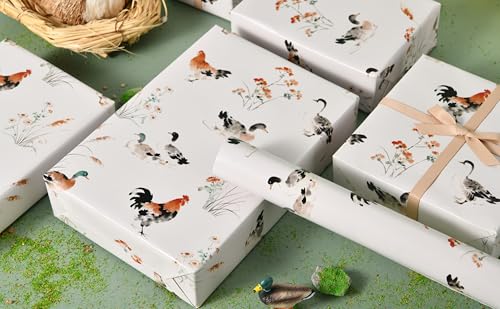 Sikiweiter Ink Painting Farm Animal Wrapping Paper Roll, 17 Inch x 16.5 Feet, Watercolor Duck and Rooster Gift Wrap with Floral Grass Design, Rustic Farmhouse Wrapping Paper for Birthday, Baby Shower, Spring Gifts(Chickens and Ducks) - color: Chickens and