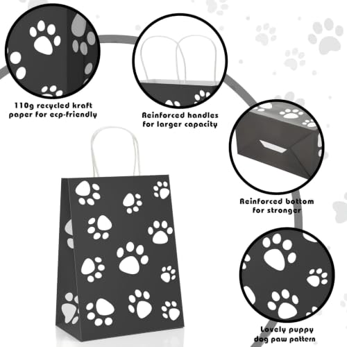 Tenceur 80 Pcs Dog Gift Bags Goodie Paw Puppy Paper Treat Bags Bulk with Handles 10.63 x 4.72 x 7.87 Inch Dog Themed Party Favors Shopping Holiday Kraft(Black) - color: Black