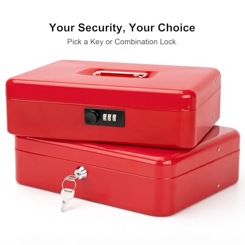 Jssmst Metal Cash Box with Money Tray and Lock, Portable Cash Drawer, 11.8" - color: Red Code-A