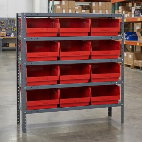 Quantum Storage Systems 1239-209RD Store More Steel Shelving Unit with 6" Shelf Bins, 12" D x 36" W x 39" H, Red - size: 39" H x 36" W x 12" D, style: 12" L x 12" W x 6" H 12 STORE-MORE Red Bins