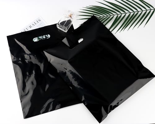 HOIIOH 100-Pack Black Plastic Shopping Bags with Handles, 12x15 In Gift Bag - color: 100 Pack-12"x15" Black Plastic Bags