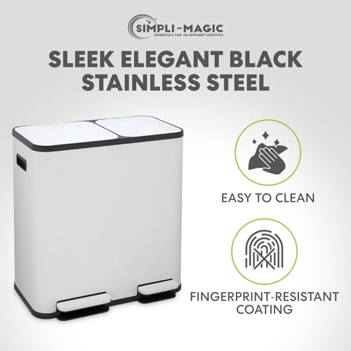 Simpli-Magic 70 Liter / 18.5 Gallon Rectangular Hands-Free Dual Compartment Recycling Kitchen Step Trash Can with Soft-Close Single Lid, Stainless Steel (40L x 30L Capacity), White - color: White, size: 70 Liter