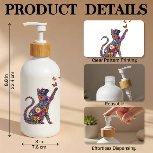 Boho Floral Cat Glass Soap Dispenser with Pump - color: Floral Cat