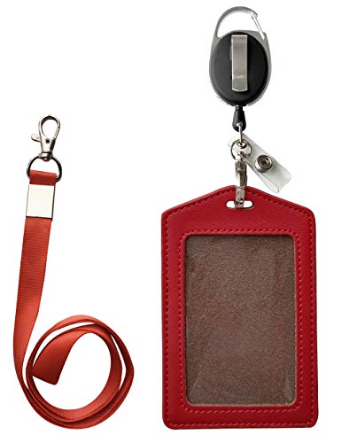 ID Card Case + Heavy Duty Lanyard (Red)+ Badge Holder Retractable Reel Carabiner and Plastic Clip (Soft Genuine Leather Case) - color: Red
