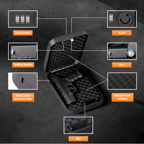 PINEWORLD Portable Handgun Safe, Compact Gun Safe with Combination Lock