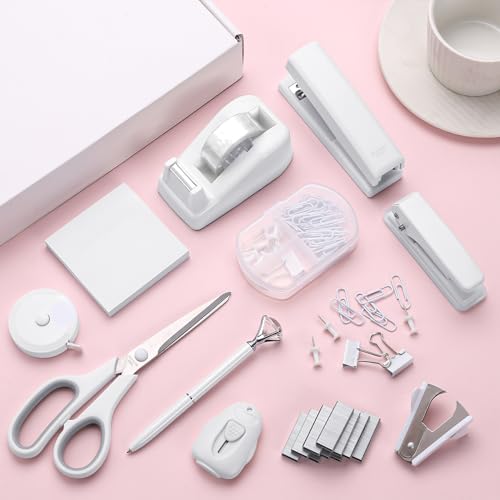 White Desk Accessory Kit Cute Office Supplies Set Desktop Stapler Set Includes Staple Remover Hole Punch Tape Dispenser Ballpoint Pen Scissor Mini Box Cutter Tape Measure Paper Clips Sticky Notes - color: White