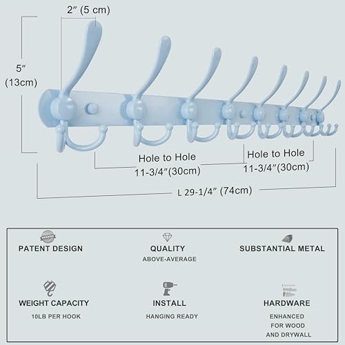 Dseap Coat Rack Wall Mount - 29.5” Long 8-Tri-Hooks Heavy Duty Coat Hanger Rail Wall Hooks for Hanging Coats Hats Clothing Clothes Purse Mudroom Entryway, Blue - color: Blue, size: L=29.5” (1 Pcs)