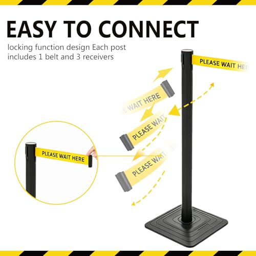4 Pack Crowd Control Stanchions with 10FT "Please Wait HERE" Yellow Belt - color: PLEASE WAIT HERE BELT
