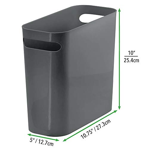 mDesign Plastic Small Trash Can, 1.5 Gallon/5.7-Liter Wastebasket, Narrow Garbage Bin with Handles for Bathroom, Laundry, Home Office - Holds Waste, Recycling, 10" High, Aura Collection, Charcoal Gray - color: Charcoal