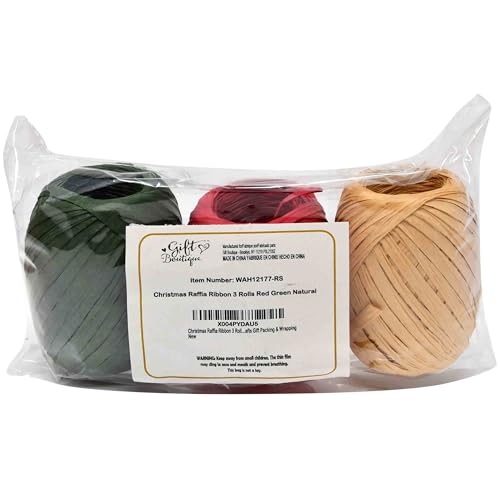 Gift Boutique Christmas Raffia Ribbon - 3 Rolls Twine for Gift Wrapping