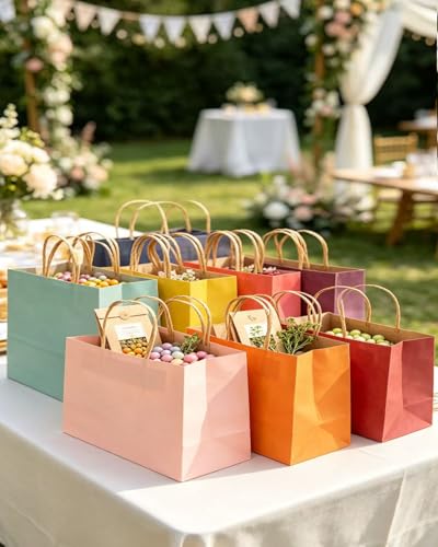 qiqee 100Pcs Wide Large Paper Gift Bags with Handles - 13"x4.5"x10" Kraft Small Party Bags - 16 Solid Colors - size: 100 Count (Wide Size)
