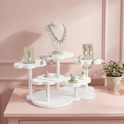 MOOCA Cloud-Shaped Wooden Display Riser, 5-Tier Jewelry Showcase Stand - color: Antique White, 5 Tier