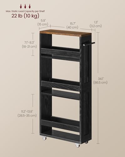 VASAGLE 4-Tier Slide-Out Storage Cart, Slim Kitchen Cart with Wheels - color: Ebony Black + Rustic Brown, size: 5.9"D
