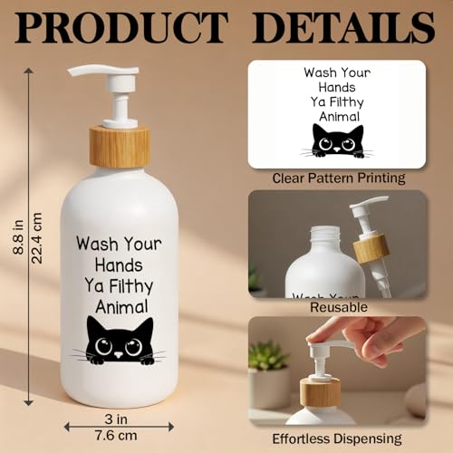 Black Cat Bathroom Soap Dispenser, Wash Your Hands Filthy Animal Glass Hand Soap Dispenser with Pump, Funny Cat Refillable Handsoap Liquid Bottle for Bathroom Washroom Restroom Countertop - color: Cat Quote