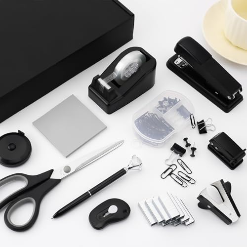 Black Desk Accessory Kit Cute Office Supplies Set Desktop Stapler Set Includes Staple Remover Hole Punch Tape Dispenser Ballpoint Pen Scissor Mini Box Cutter Tape Measure Paper Clips Sticky Notes - color: Black