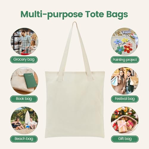 Carbrea 12 Pack Large Canvas Tote Bags Bulk, Reusable Grocery Bags - Beige - color: Beige, size: Large