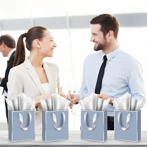 Yeaqee 50 Pcs Metallic Paepr Gift Bags Bulk with Handles,Dusty Blue, Silver - color: Dusty Blue, Silver