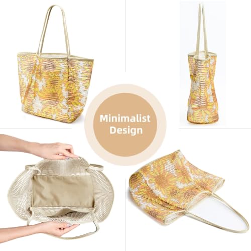 KALIDI Beach Mesh Tote Bag, Casual MAX 23L Summer Foldable Hobo Bag Women - color: Sunflower