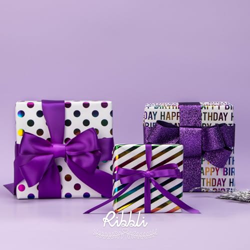 Ribbli Birthday Wrapping Paper Iridescent Gift Wrapping Paper Mini Roll, 3 Rolls Happy Birthday Polka Dots Stripes Printed Assortment - 17 inch x 120 inch(10feet) Per Roll - color: Iridescent