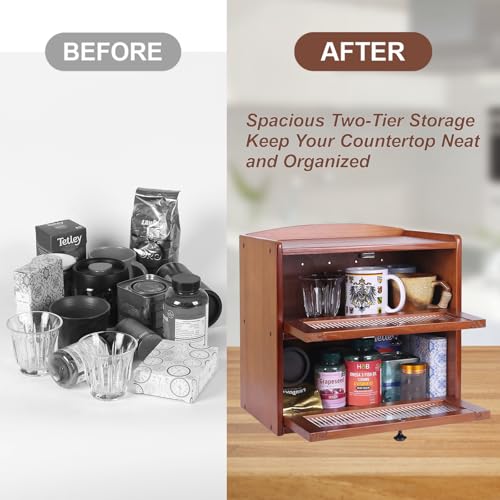 Wooden Bread Box for Kitchen Countertop, 2-Tier Bread Storage with Window - color: Teak