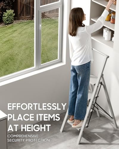HillhutApex Aluminum 4 Step Ladder, Step Stool Foldable Ladder(Pale Grey) - color: Pale Grey, size: 4 Step With Handrail