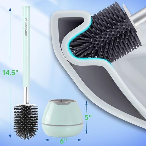 BOOMJOY Toilet Brush and Holder Set, Silicone Toilet Bowl Cleaner Brush, Toilet Scrubber Brush with Tweezers for Bathroom Cleaning, RV Accessories and House Organization Must-Haves - Green/Aqua - color: Green